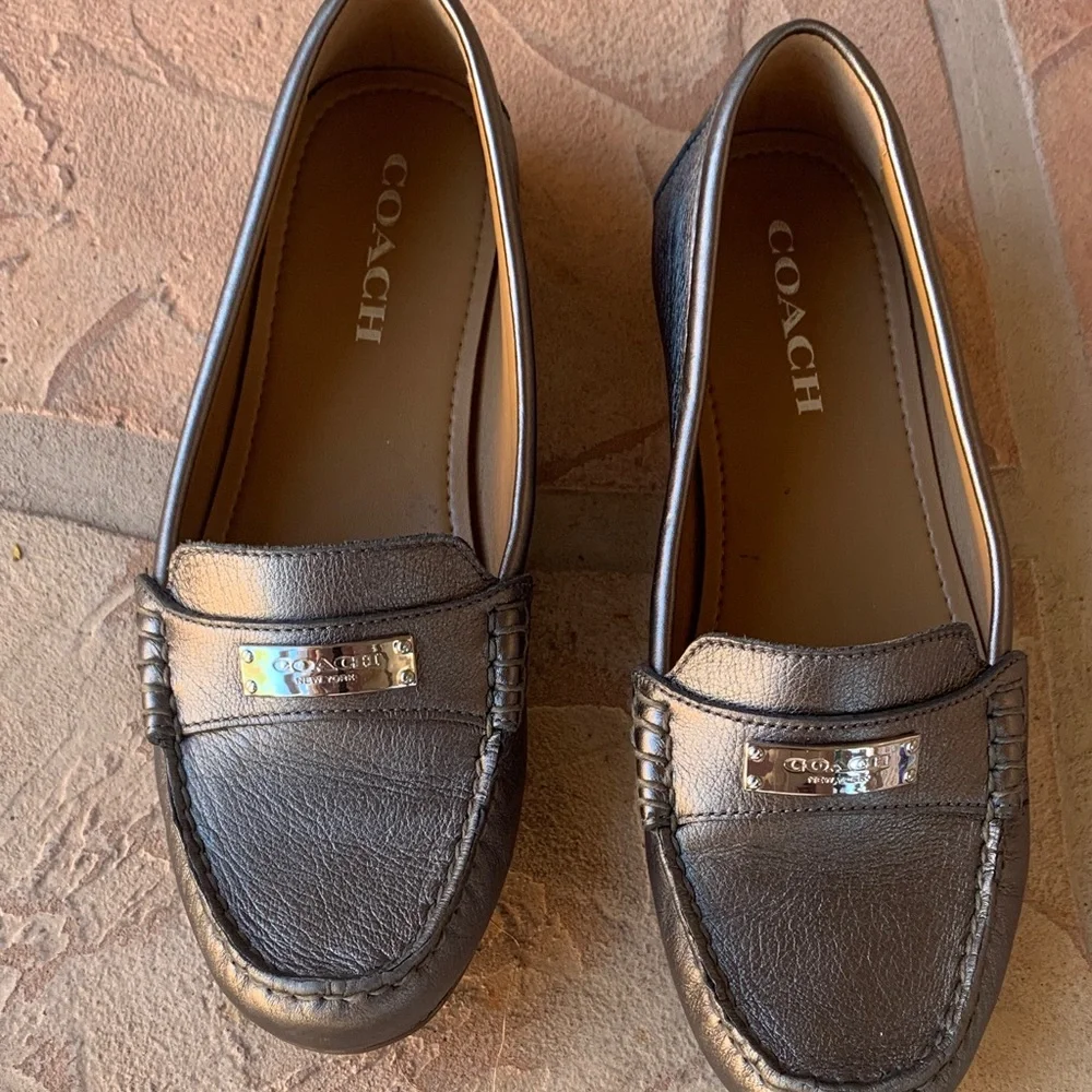 Coach Black Leather Loafers with Silver Logo Plaques - Picture 1 of 1